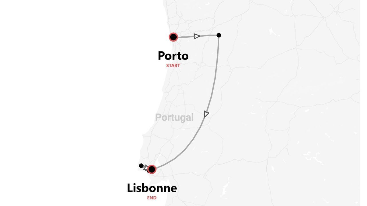 Carte du Portugal avec itinéraire de voyage de Porto à Lisbonne.