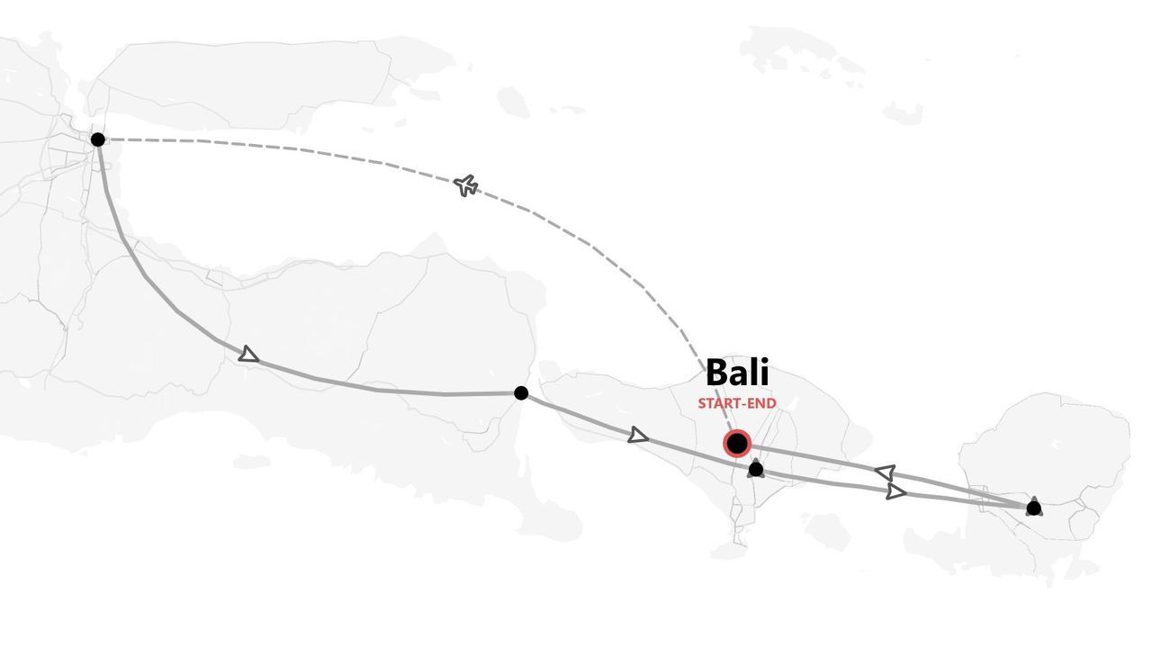 Mappa stilizzata che mostra un itinerario di viaggio con partenza e arrivo a Bali, indicando percorsi via terra e un volo.