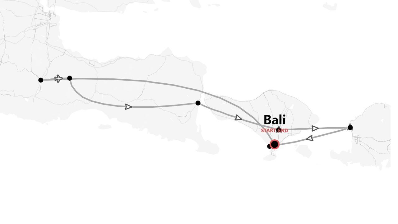 Une carte illustrative en noir et blanc d'un itinéraire de voyage commençant et se terminant à Bali, Indonésie.