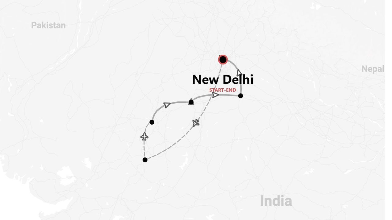 Carte d'un circuit de voyage en Inde, une boucle au départ et à l'arrivée de New Delhi, incluant vols et transports terrestres.