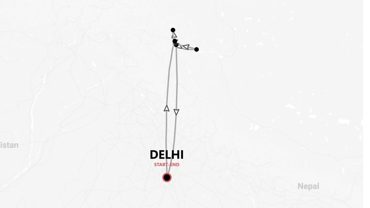 Eine Graustufenkarte, die eine Reiseroute zeigt, die in Delhi beginnt und endet, mit einem Routenverlauf, der sich vor der Rückkehr nach Norden erstreckt.