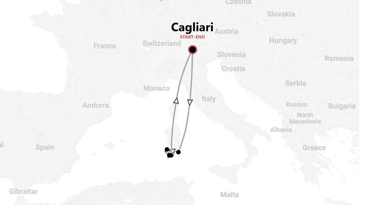 A map showing a travel itinerary that starts and ends in Cagliari, Italy, with a route looping around the island of Sardinia.