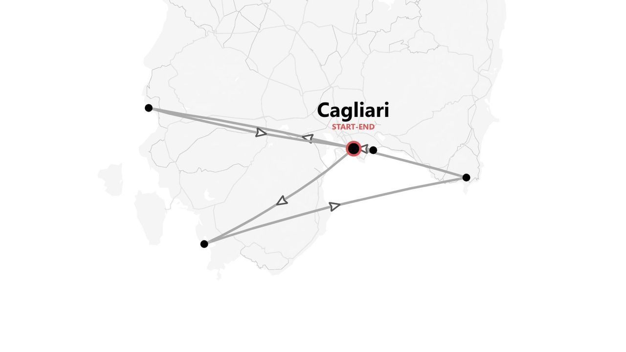 Mappa di un itinerario di viaggio in Sardegna, con percorso che parte e arriva a Cagliari, indicato da linee e punti.