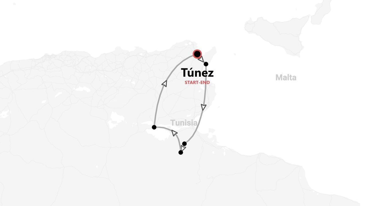 Un mapa que muestra un itinerario de viaje circular por Túnez, comenzando y terminando en Túnez.