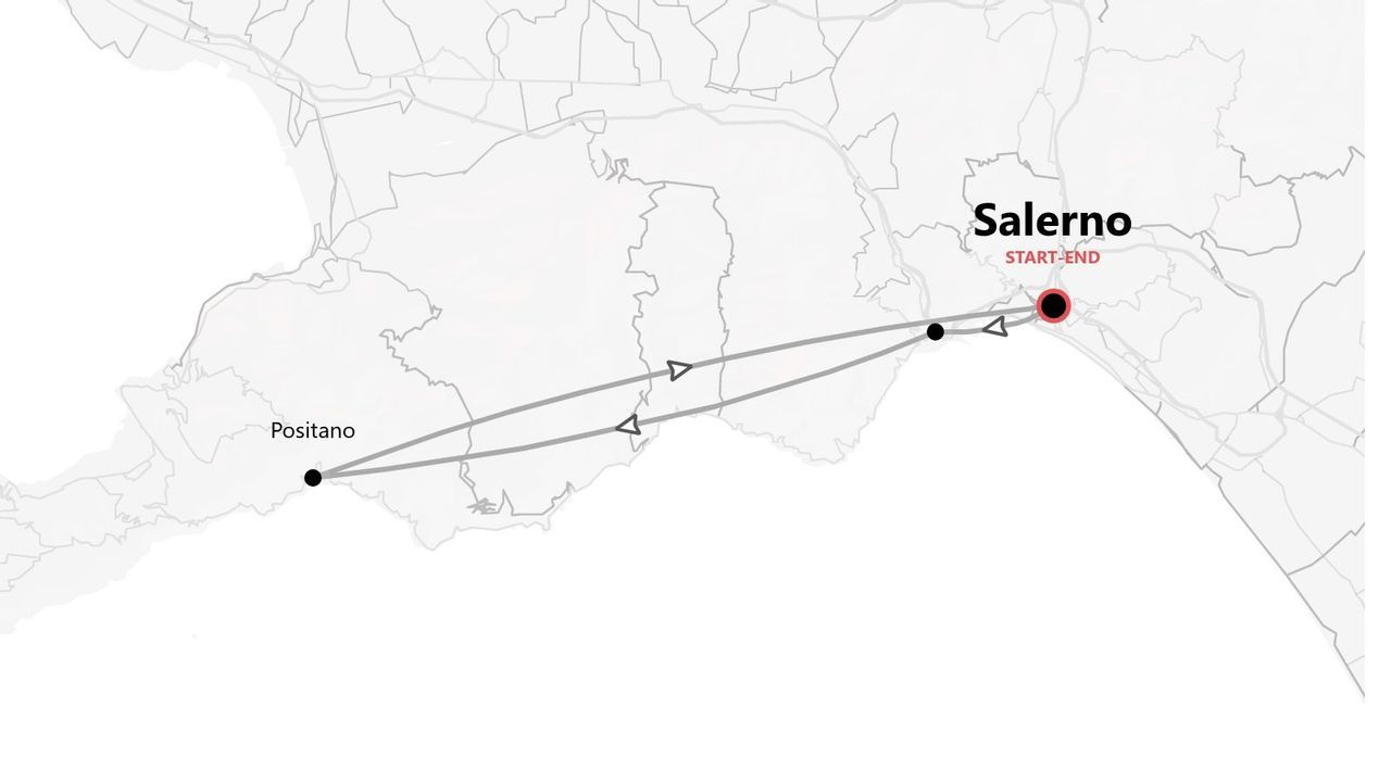 Una mappa che mostra un itinerario di viaggio con inizio e fine a Salerno, con un percorso che va a Positano e ritorna lungo la costa.