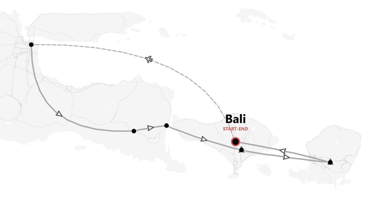 Mappa in bianco e nero di un itinerario di viaggio con partenza e arrivo a Bali, che mostra spostamenti via terra e aerea.