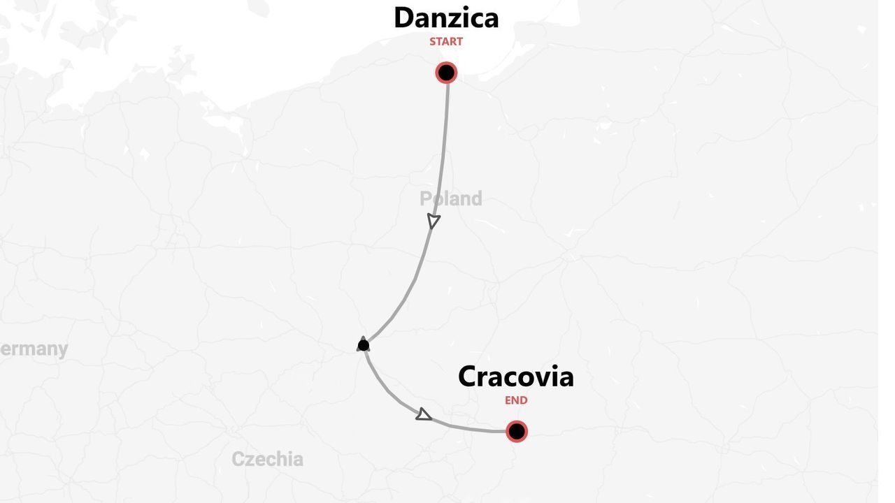 Mappa della Polonia con itinerario di viaggio da Danzica a Cracovia.