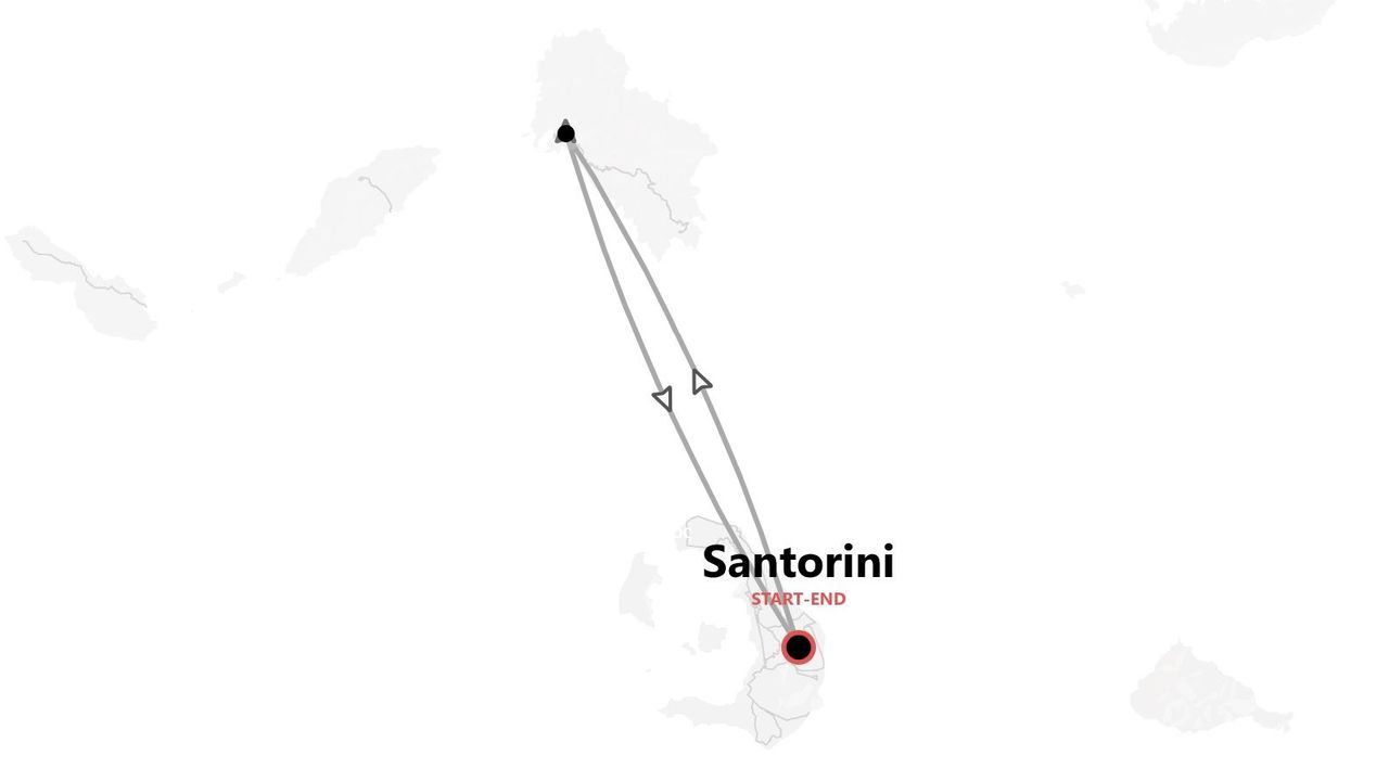 Mappa minimalista di un itinerario circolare con partenza e arrivo a Santorini.