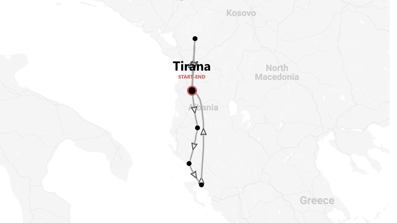 A map showing a tour itinerary through Albania, starting and ending in the capital city, Tirana.