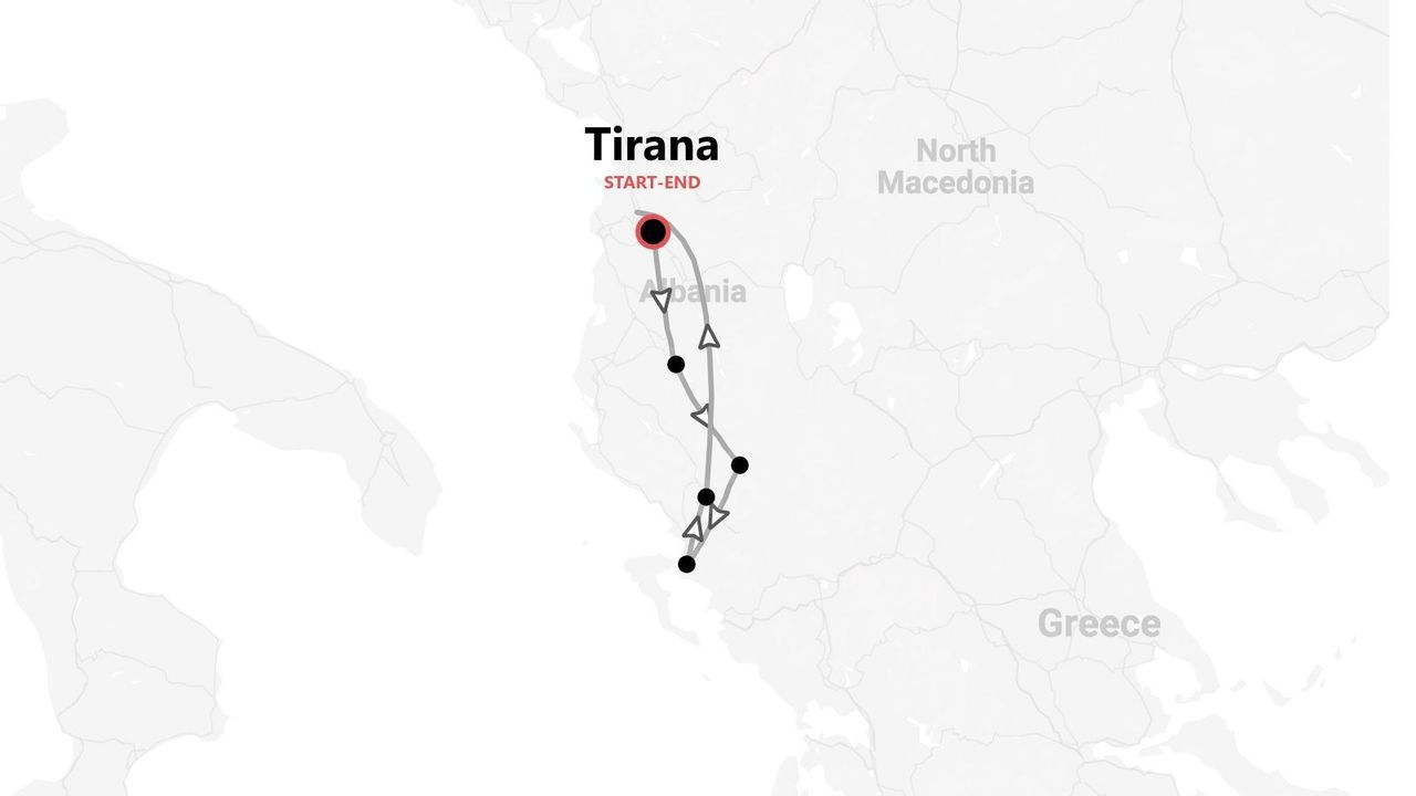 A map showing a travel itinerary through Albania that starts and ends in Tirana, near North Macedonia and Greece.