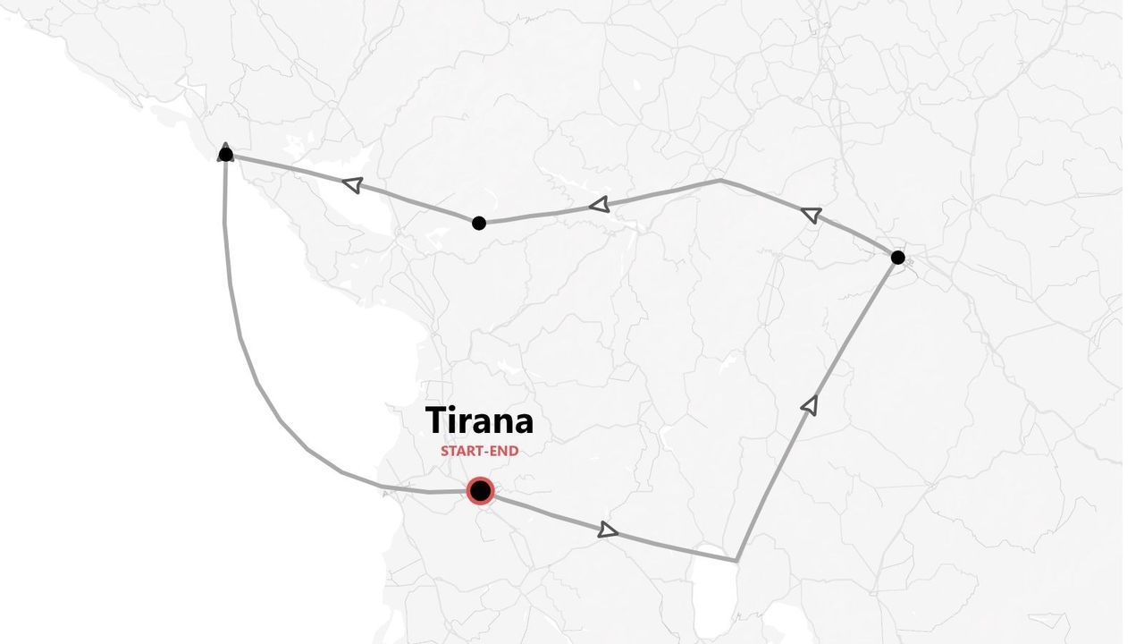 A gray-scale map showing a travel itinerary route that starts and ends in Tirana, marked with a red dot.