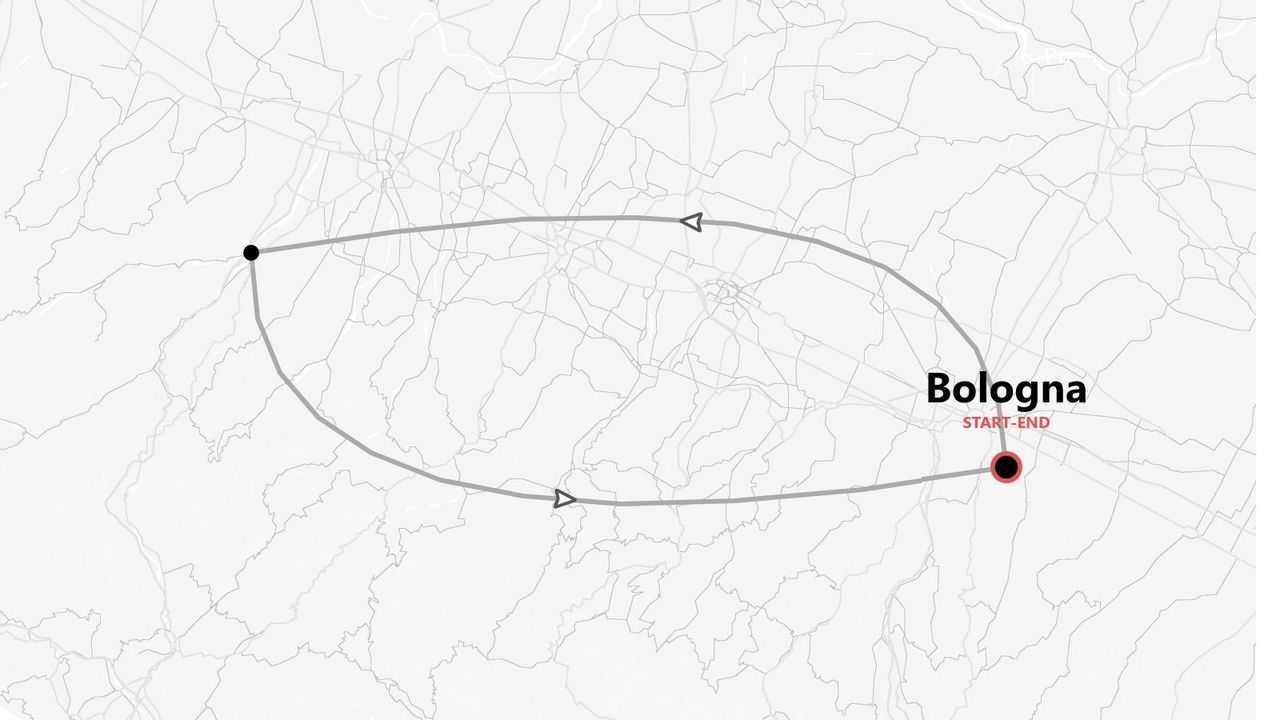 A stylized map showing a circular travel itinerary that starts and ends in the city of Bologna.