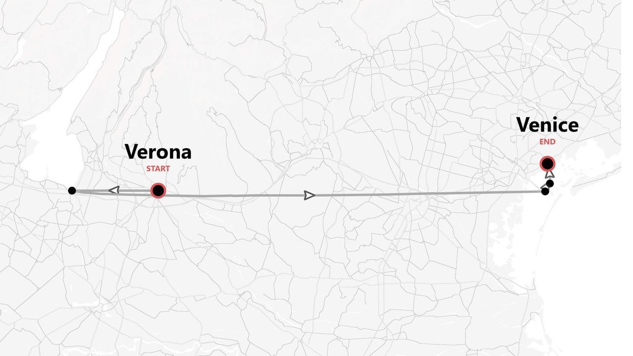 A map showing the travel route, starting in Verona and ending in Venice, with waypoints along the path.