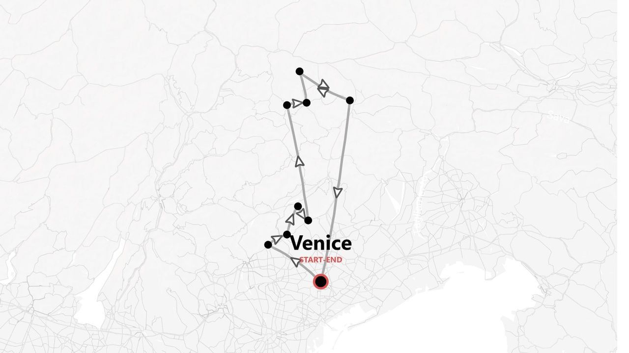 A map showing a travel itinerary with multiple stops, starting and ending in Venice.