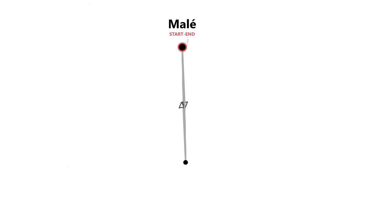 Eine minimalistische Karte, die eine Reiseroute zeigt, die in Malé beginnt und endet, mit einem einzigen Transportabschnitt, der durch ein Symbol gekennzeichnet ist.