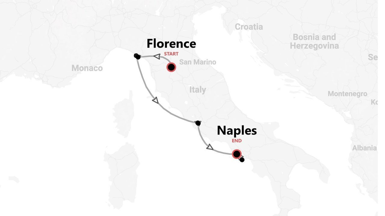 A map of Italy showing a travel route with markers, starting in Florence and ending in Naples.