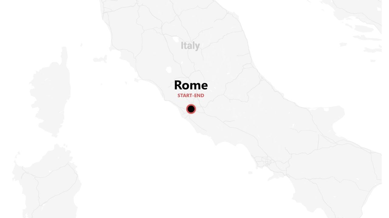 A simplified map of Italy with a pin on Rome, marked as the start and end point for a trip.