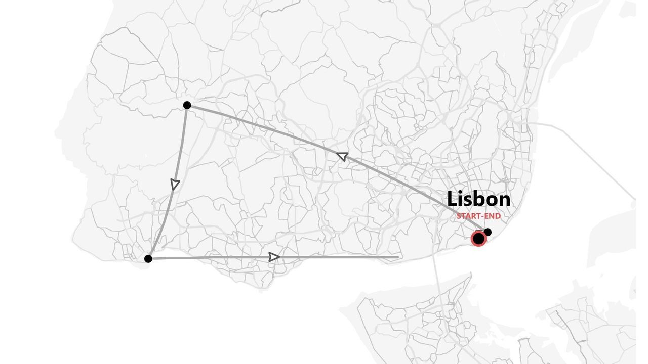 A map illustrating a travel route itinerary that starts and ends in Lisbon.