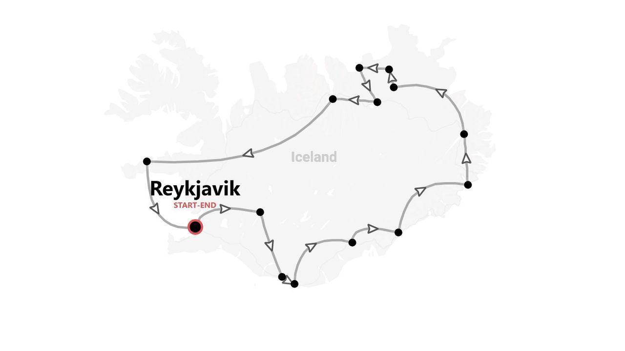 A map of Iceland showing a tour itinerary that circles the island, starting and ending in Reykjavik.