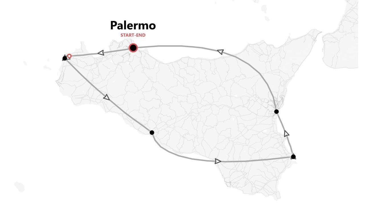A map of Sicily showing a travel itinerary that starts and ends in Palermo.