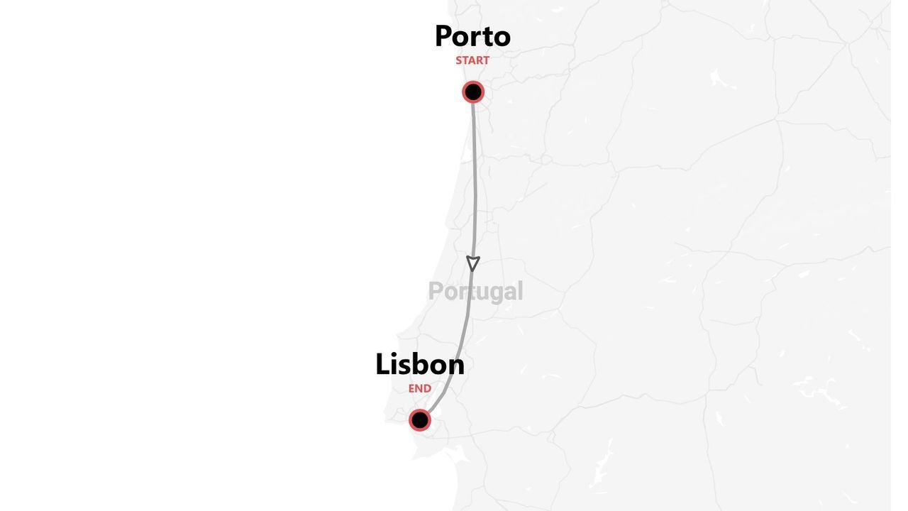 A map of Portugal showing a travel route starting in Porto and ending in Lisbon.