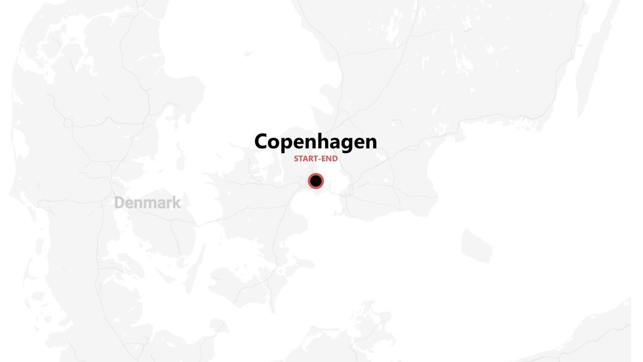A stylized map of Denmark showing Copenhagen marked with a red and black pin as the start and end point.