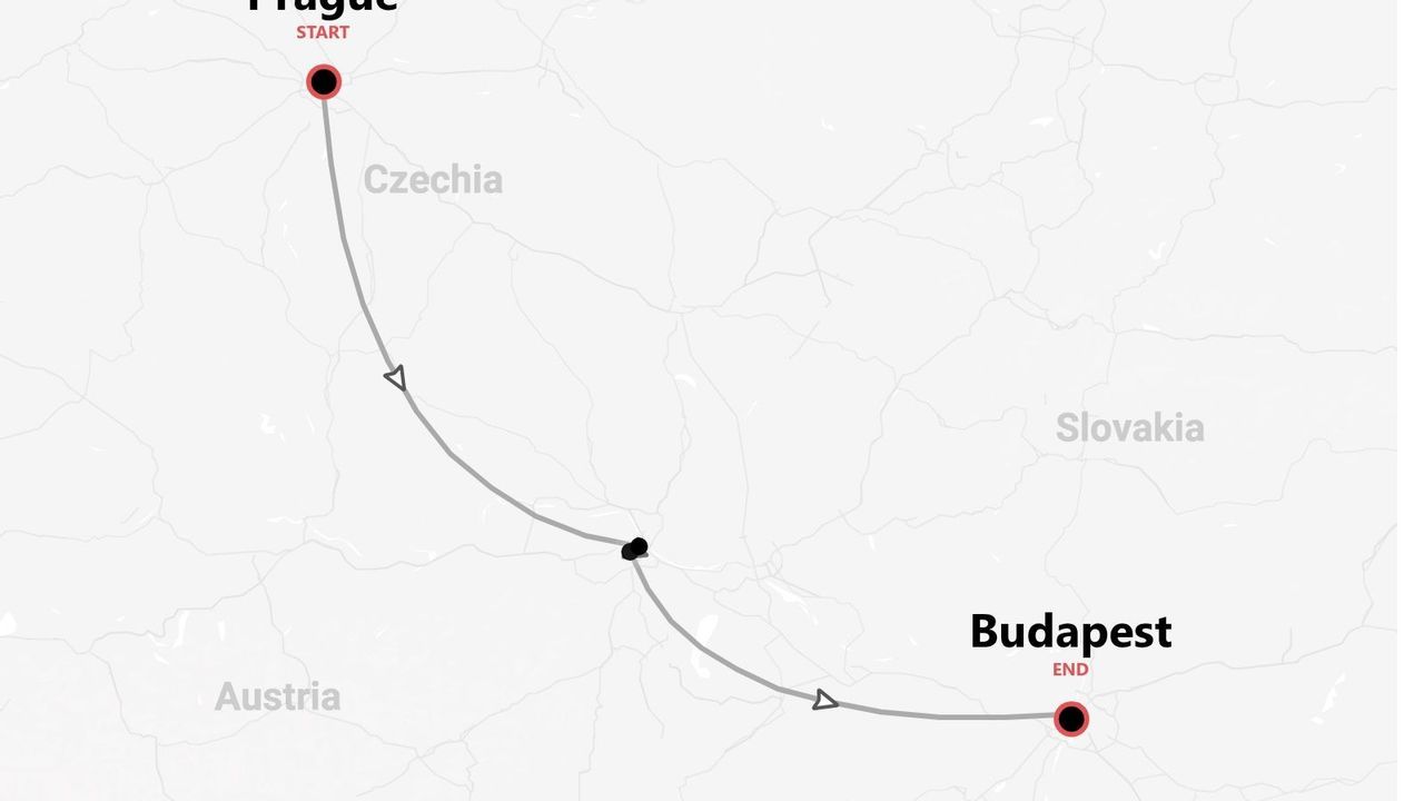 A map showing a route from a start point in Prague, Czechia, to an end point in Budapest, passing through Slovakia.