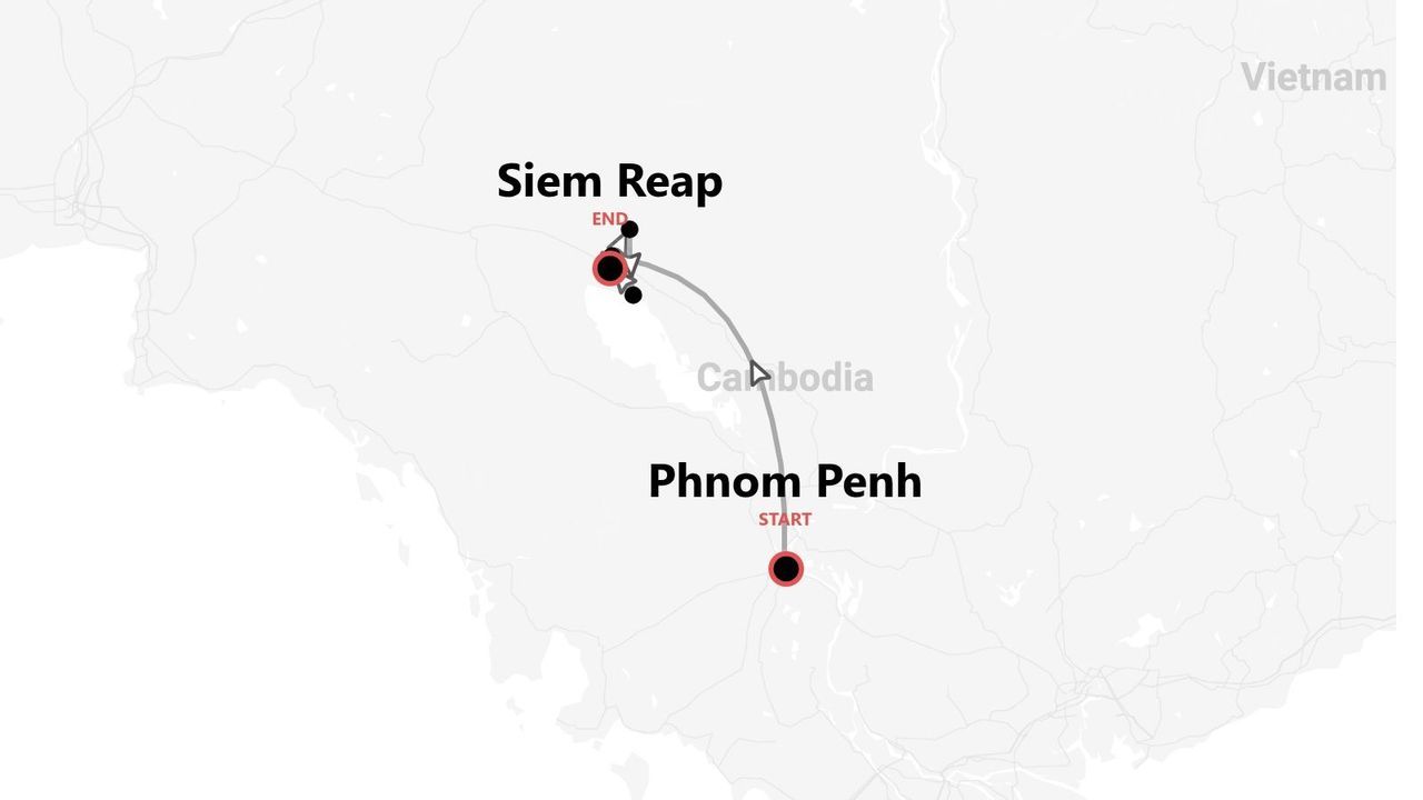A map of a travel route in Cambodia, starting in Phnom Penh and ending in Siem Reap.