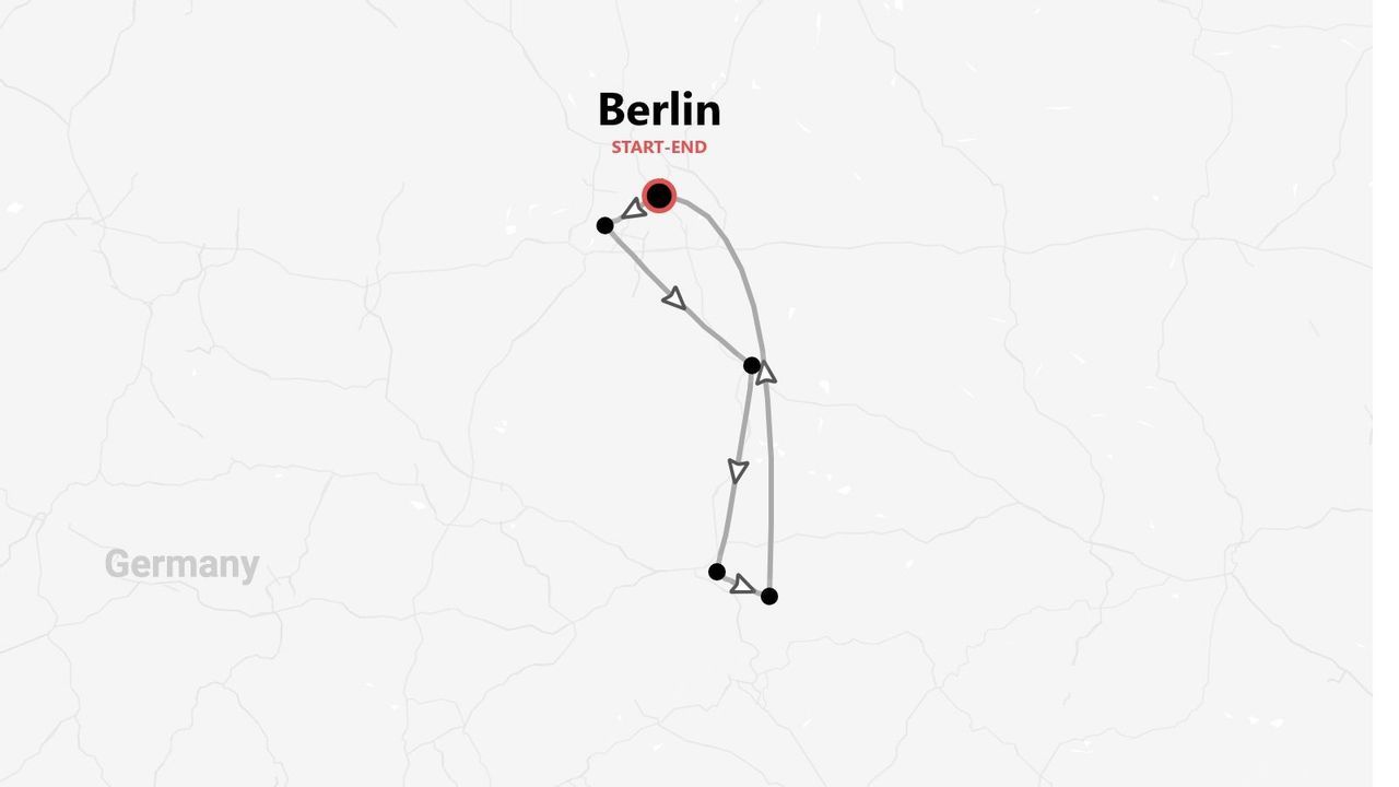A map showing a trip itinerary within Germany, with the start and end point in Berlin.