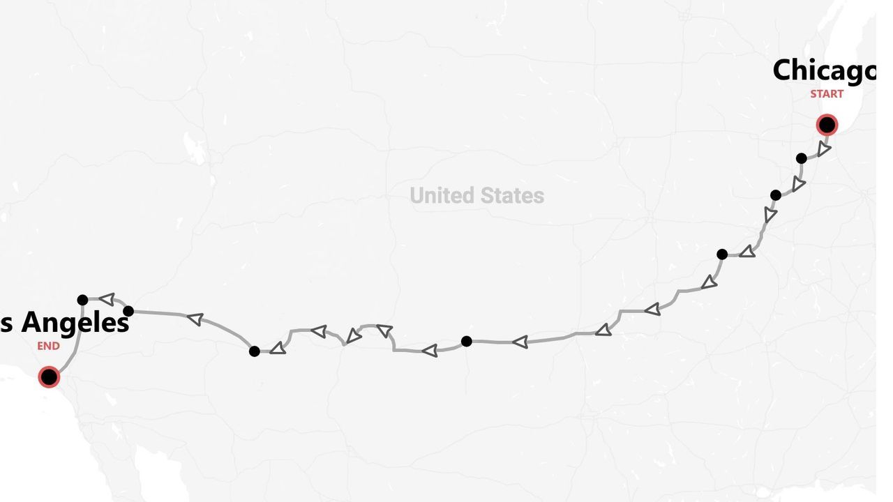 Mappa di un itinerario di viaggio negli Stati Uniti, da Chicago a Los Angeles.