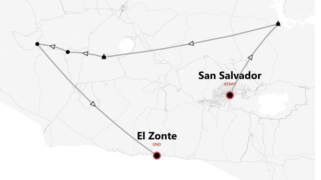 Eine Karte, die eine Reiseroute von San Salvador nach El Zonte, El Salvador, zeigt.