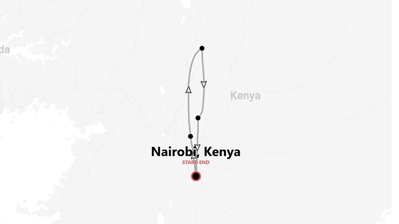 A map showing a tour itinerary in Kenya, with a circular route starting and ending in Nairobi.