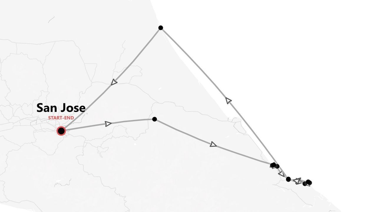 Una mappa stilizzata che mostra un itinerario di viaggio con più tappe, con inizio e fine a San Jose.