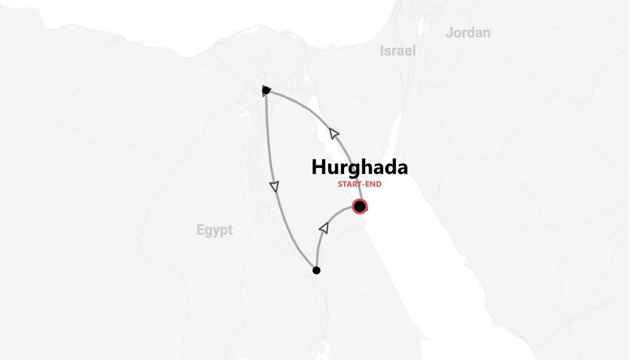 Eine Karte einer Reiseroute durch Ägypten, die in Hurghada beginnt und endet, mit den sichtbaren Nachbarländern Israel und Jordanien.
