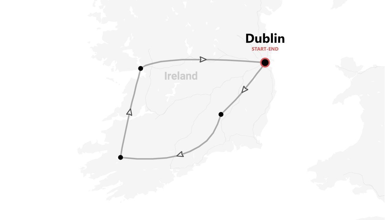 Eine Irlandkarte mit einer Reiseroute, die in Dublin beginnt und endet und als Rundreise durch das Land führt.