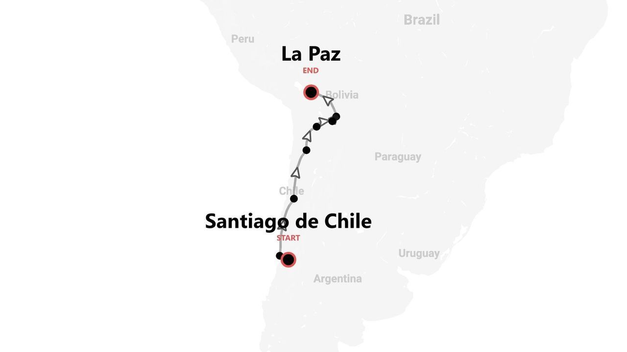 Mapa de ruta de viaje desde Santiago de Chile hasta La Paz, Bolivia, por Sudamérica.