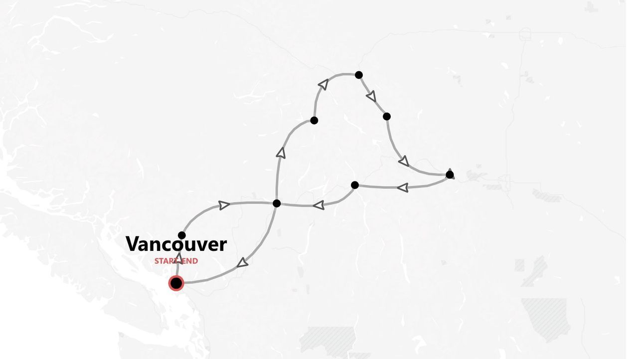 Eine Karte mit einem Reiseverlauf, der in Vancouver beginnt und endet, dargestellt als Rundkurs mit Wegpunkten.