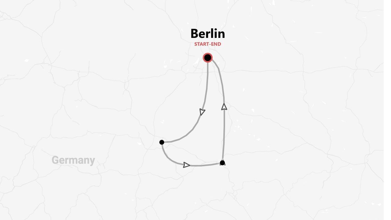 Una mappa della Germania che mostra un itinerario di viaggio circolare che inizia e finisce a Berlino.