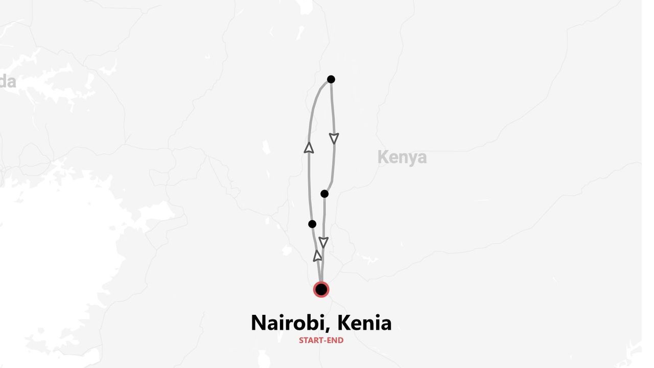 Stilisierte Karte einer Rundreise durch Kenia, mit Start- und Endpunkt in Nairobi.
