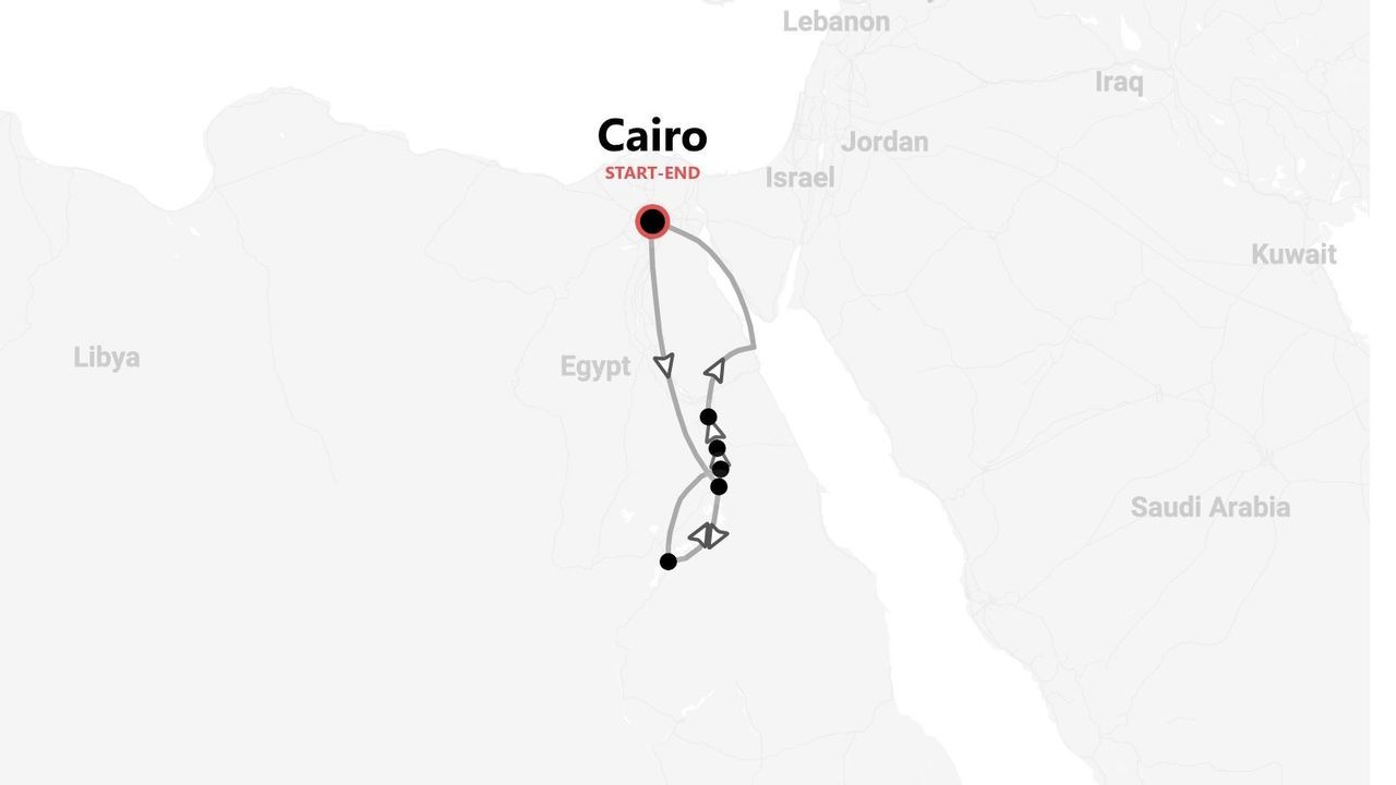 Una mappa che mostra un itinerario di viaggio attraverso l'Egitto, con inizio e fine al Cairo, e diverse tappe indicate lungo il percorso.