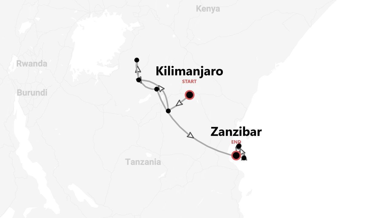 Eine Karte von Tansania, die eine Reiseroute vom Kilimandscharo bis nach Sansibar zeigt.