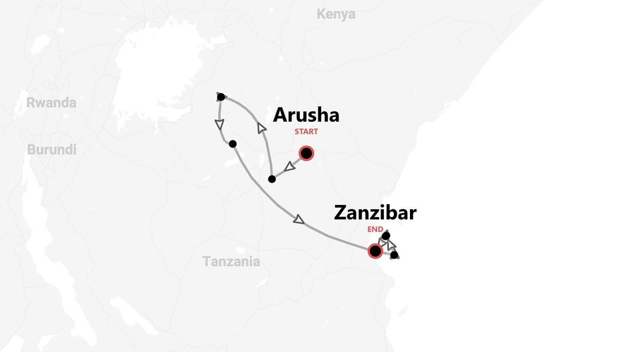 Mapa de un itinerario de viaje por Tanzania, de Arusha a Zanzíbar.