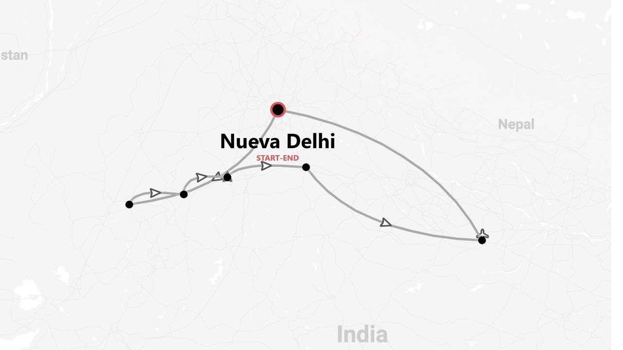 Un mapa que muestra un itinerario de viaje en India, comenzando y terminando en Nueva Delhi, con una ruta que pasa cerca de Nepal.