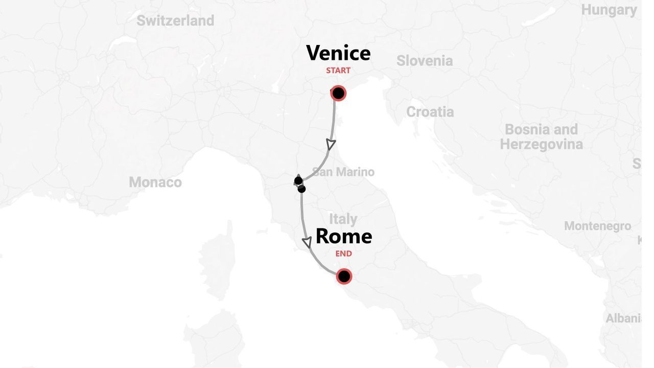 A map of Italy with a plotted travel route starting in Venice and ending in Rome, passing through San Marino.