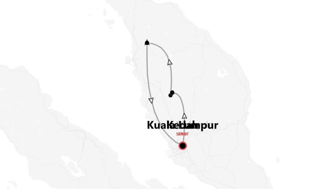 Une carte stylisée d'un itinéraire de voyage partant de Kuala Lumpur et faisant une boucle à travers la Malaisie péninsulaire.