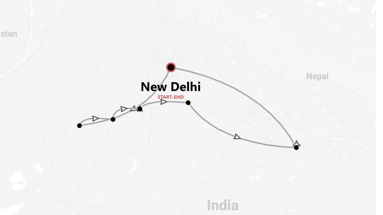 Carte d'un itinéraire de voyage en Inde, avec un parcours débutant et se terminant à New Delhi et présentant plusieurs étapes en chemin.