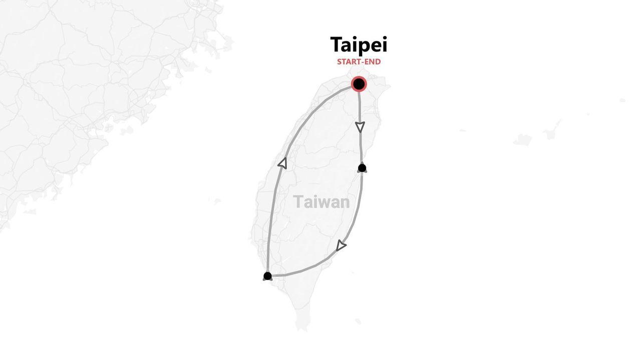 Una mappa di Taiwan che mostra un itinerario di viaggio circolare con diverse tappe, con inizio e fine nella città di Taipei.