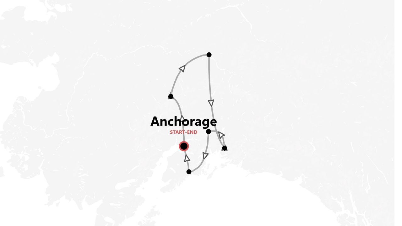 Una mappa che illustra un itinerario di viaggio in Alaska, con un percorso circolare che inizia e finisce ad Anchorage.