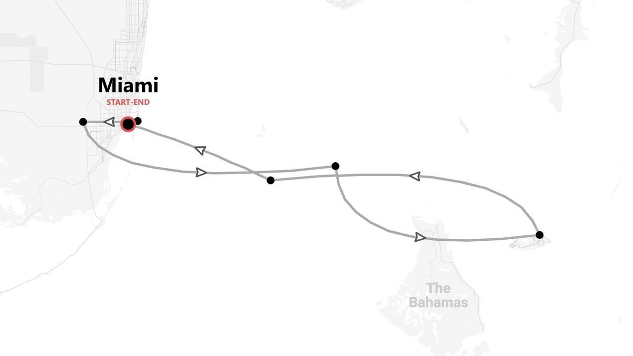 Mappa: itinerario di viaggio da Miami alle Bahamas