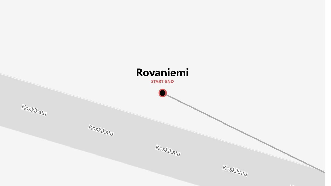 Una mappa minimalista che mostra il punto di inizio e di fine di un percorso a Rovaniemi, con via Koskikatu visibile.